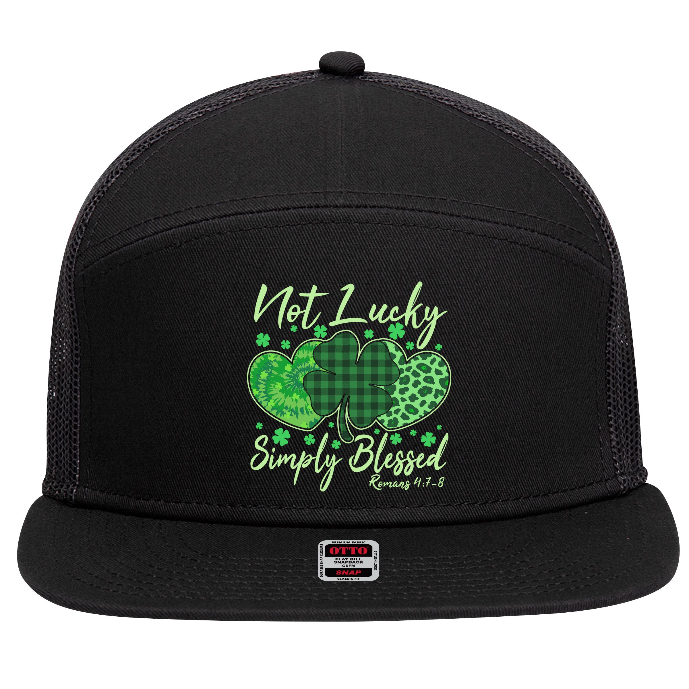 Cute St. Patrick's Day Not Lucky Simply Blessed Romans 4: 78 7 Panel Mesh Trucker Snapback Hat