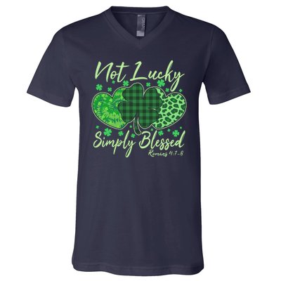 Cute St. Patrick's Day Not Lucky Simply Blessed Romans 4: 78 V-Neck T-Shirt