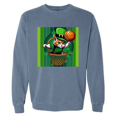 Cat St Patricks Day Basketball Lucky Clover Shamrock Gift Garment-Dyed Sweatshirt