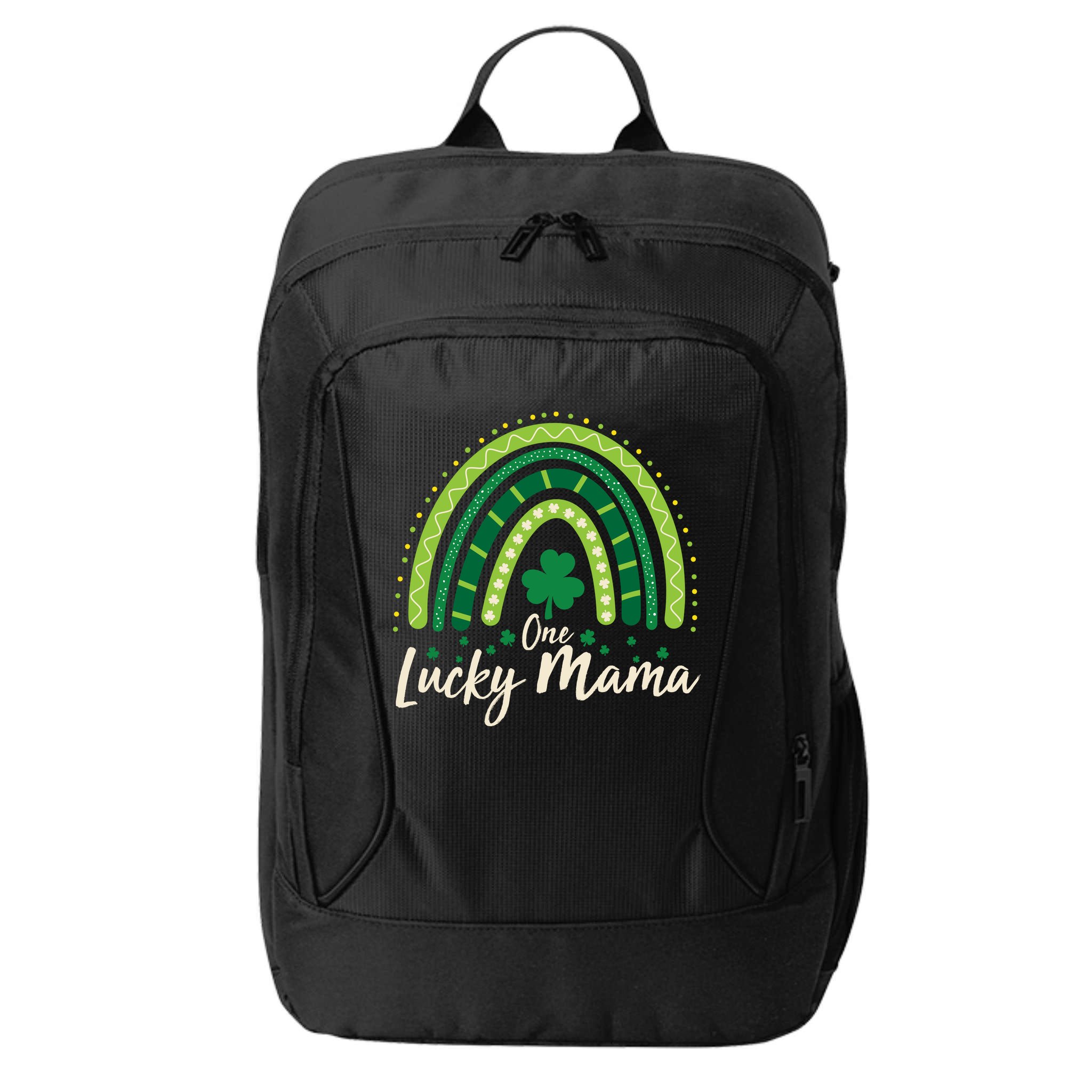 Cute St Patricks Day One Lucky Mama Green Shamrock Clover Rainbow City Backpack