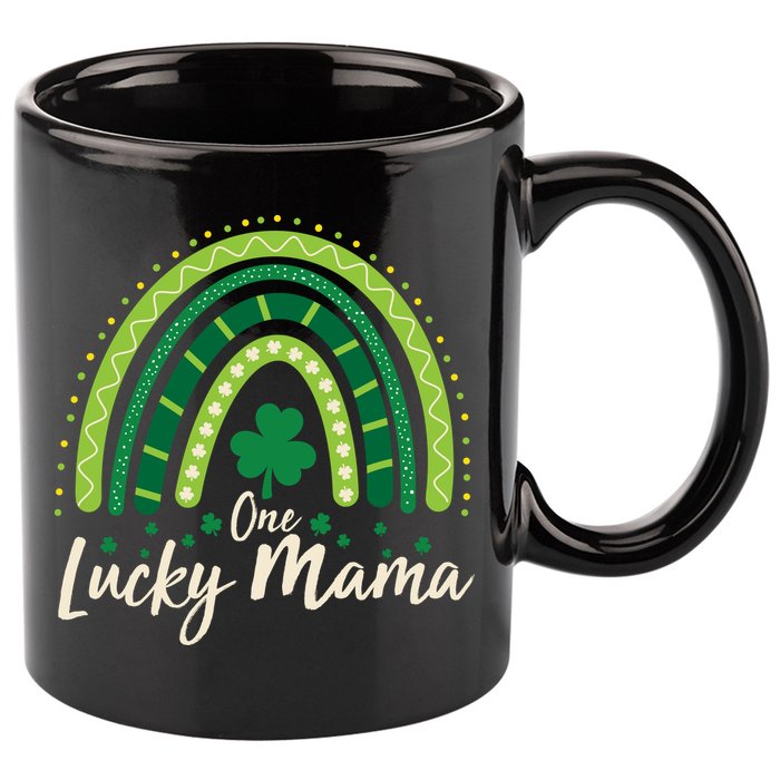 Cute St Patricks Day One Lucky Mama Green Shamrock Clover Rainbow 11oz C Handle Ceramic Mug