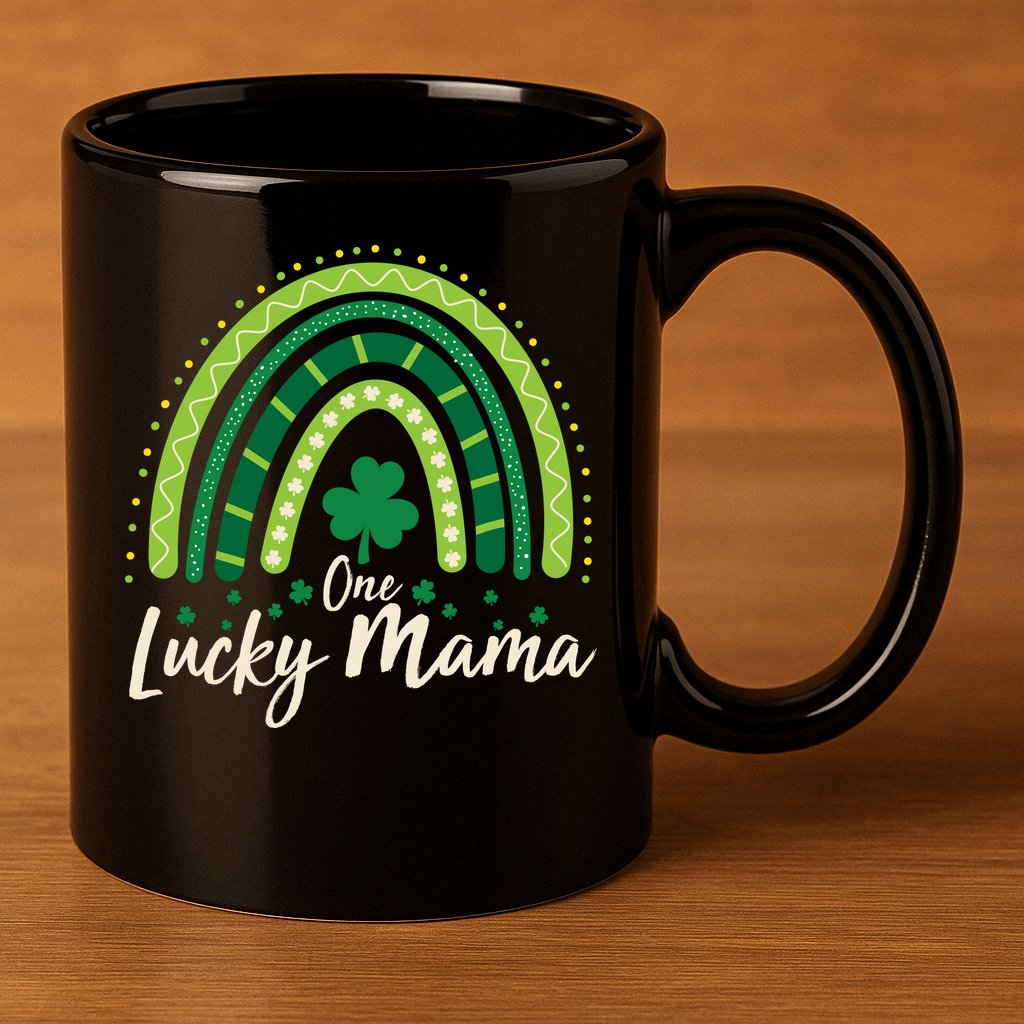 Cute St Patricks Day One Lucky Mama Green Shamrock Clover Rainbow 11oz C Handle Ceramic Mug