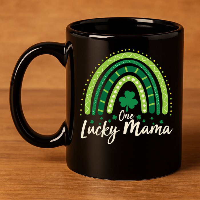 Cute St Patricks Day One Lucky Mama Green Shamrock Clover Rainbow 11oz C Handle Ceramic Mug