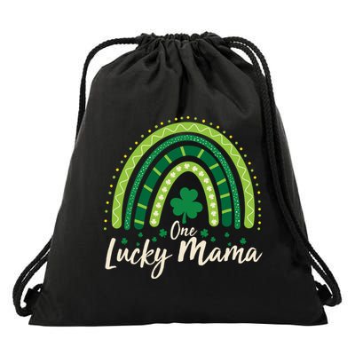 Cute St Patricks Day One Lucky Mama Green Shamrock Clover Rainbow Drawstring Bag