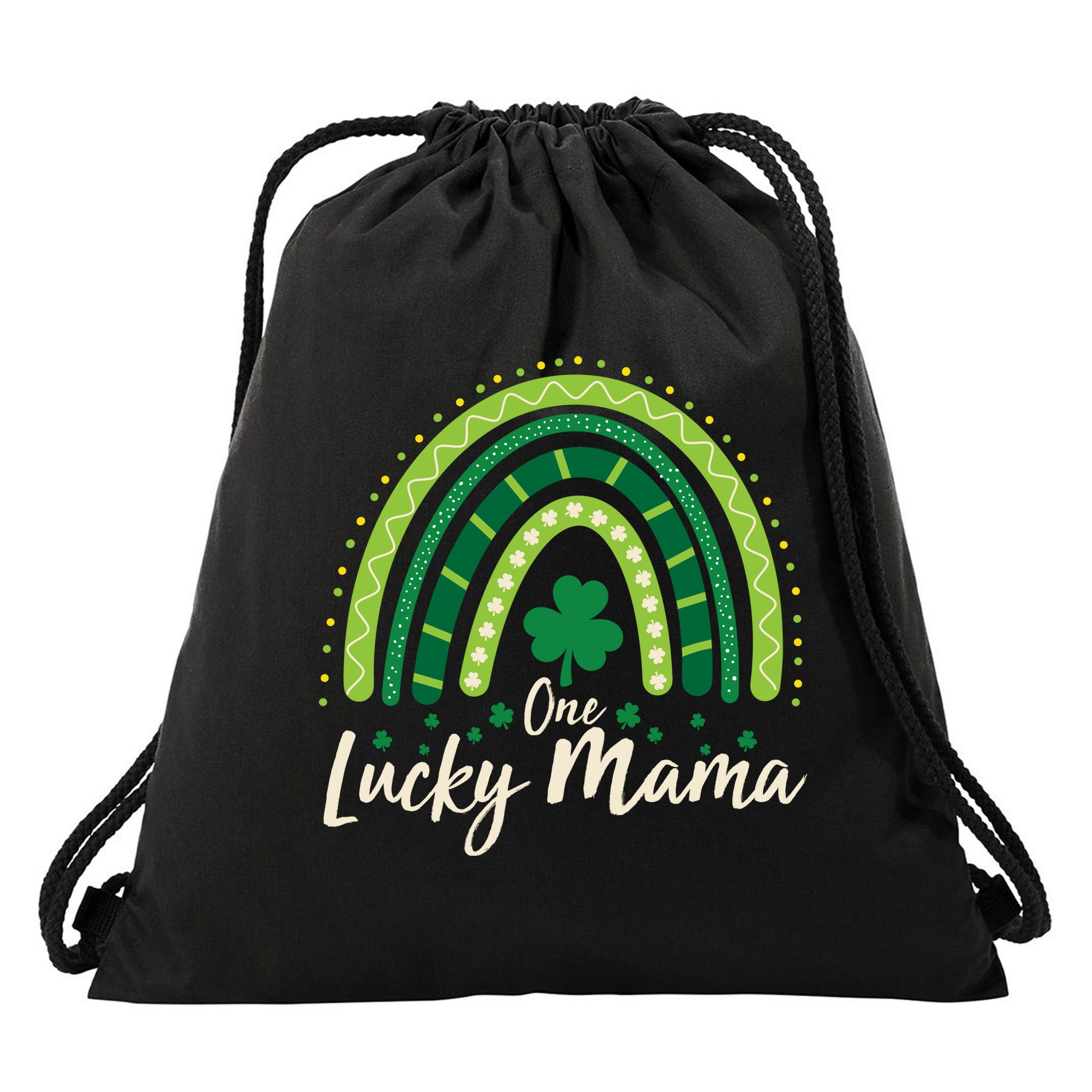 Cute St Patricks Day One Lucky Mama Green Shamrock Clover Rainbow Drawstring Bag