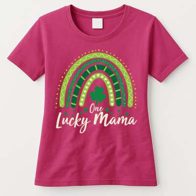 Cute St Patricks Day One Lucky Mama Green Shamrock Clover Rainbow Womens T-Shirt