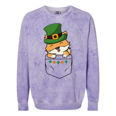 Cute Saint Patrick's Day Fox With Green Hat In Pocket Colorblast Crewneck Sweatshirt