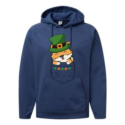 Cute Saint Patrick's Day Fox With Green Hat In Pocket Performance Fleece Hoodie