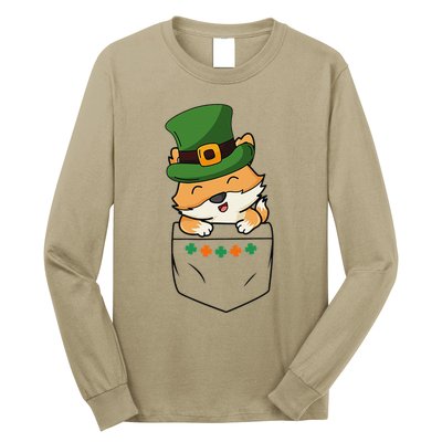 Cute Saint Patrick's Day Fox With Green Hat In Pocket Long Sleeve Shirt