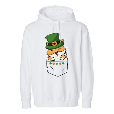 Cute Saint Patrick's Day Fox With Green Hat In Pocket Garment-Dyed Fleece Hoodie