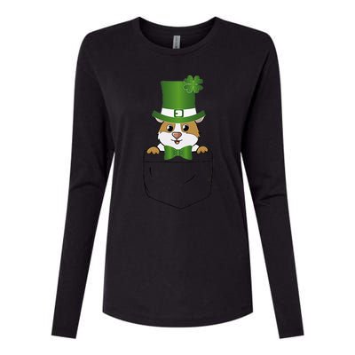 Cute Saint Patrick's Day GuineaPig With Green Hat In Pocket Womens Cotton Relaxed Long Sleeve T-Shirt