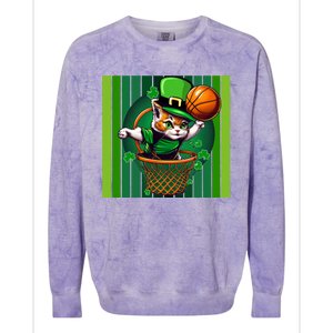 Cat St Patricks Day Basketball Lucky Clover Shamrock Gift Colorblast Crewneck Sweatshirt