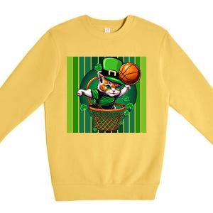 Cat St Patricks Day Basketball Lucky Clover Shamrock Gift Premium Crewneck Sweatshirt