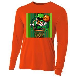 Cat St Patricks Day Basketball Lucky Clover Shamrock Gift Cooling Performance Long Sleeve Crew