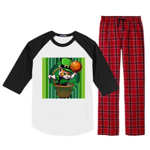 Cat St Patricks Day Basketball Lucky Clover Shamrock Gift Raglan Sleeve Pajama Set