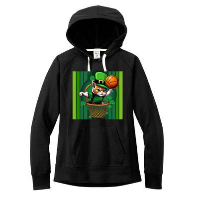 Cat St Patricks Day Basketball Lucky Clover Shamrock Gift Women's Fleece Hoodie