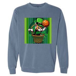 Cat St Patricks Day Basketball Lucky Clover Shamrock Gift Garment-Dyed Sweatshirt