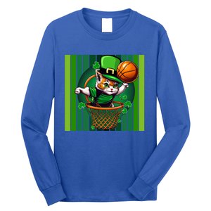 Cat St Patricks Day Basketball Lucky Clover Shamrock Gift Long Sleeve Shirt