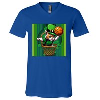 Cat St Patricks Day Basketball Lucky Clover Shamrock Gift V-Neck T-Shirt