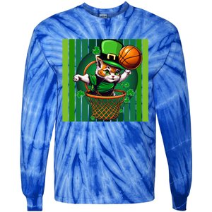 Cat St Patricks Day Basketball Lucky Clover Shamrock Gift Tie-Dye Long Sleeve Shirt