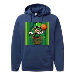 Cat St Patricks Day Basketball Lucky Clover Shamrock Gift Performance Fleece Hoodie