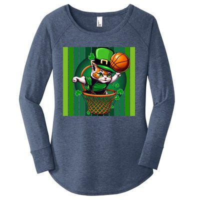 Cat St Patricks Day Basketball Lucky Clover Shamrock Gift Women's Perfect Tri Tunic Long Sleeve Shirt