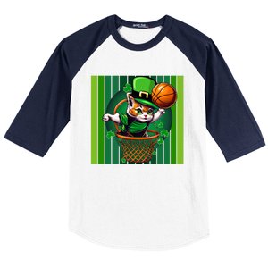 Cat St Patricks Day Basketball Lucky Clover Shamrock Gift Baseball Sleeve Shirt