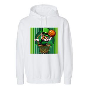 Cat St Patricks Day Basketball Lucky Clover Shamrock Gift Garment-Dyed Fleece Hoodie