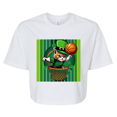 Cat St Patricks Day Basketball Lucky Clover Shamrock Gift Bella+Canvas Jersey Crop Tee