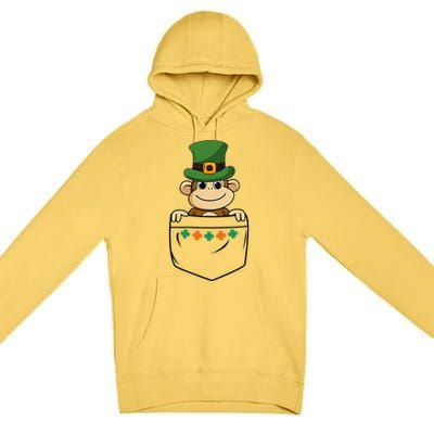 Cute Saint Patrick's Day Monkey With Green Hat In Pocket Premium Pullover Hoodie