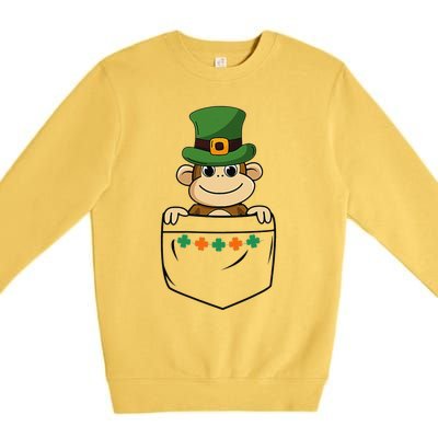 Cute Saint Patrick's Day Monkey With Green Hat In Pocket Premium Crewneck Sweatshirt