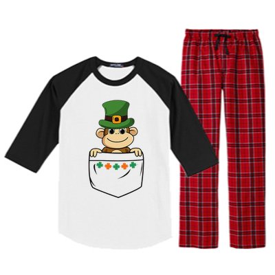 Cute Saint Patrick's Day Monkey With Green Hat In Pocket Raglan Sleeve Pajama Set