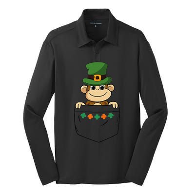 Cute Saint Patrick's Day Monkey With Green Hat In Pocket Silk Touch Performance Long Sleeve Polo