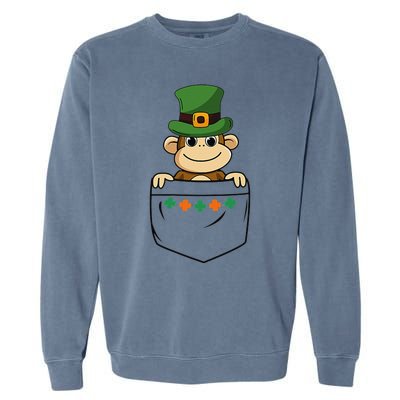 Cute Saint Patrick's Day Monkey With Green Hat In Pocket Garment-Dyed Sweatshirt