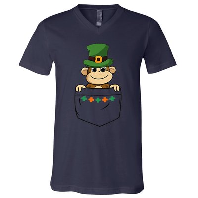 Cute Saint Patrick's Day Monkey With Green Hat In Pocket V-Neck T-Shirt