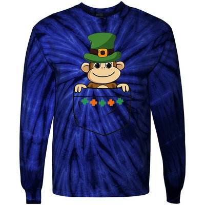 Cute Saint Patrick's Day Monkey With Green Hat In Pocket Tie-Dye Long Sleeve Shirt