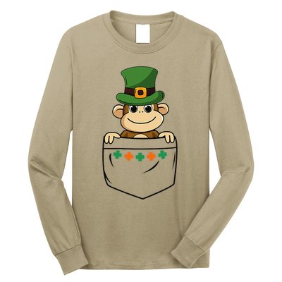 Cute Saint Patrick's Day Monkey With Green Hat In Pocket Long Sleeve Shirt