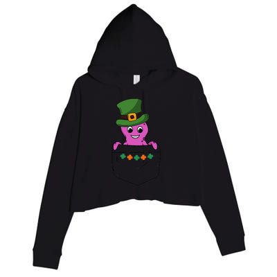 Cute Saint Patrick's Day Octopus With Green Hat In Pocket Crop Fleece Hoodie