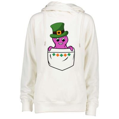 Cute Saint Patrick's Day Octopus With Green Hat In Pocket Womens Funnel Neck Pullover Hood