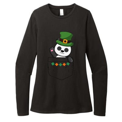 Cute Saint Patrick's Day Panda With Green Hat In Pocket Womens CVC Long Sleeve Shirt