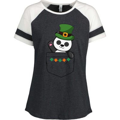 Cute Saint Patrick's Day Panda With Green Hat In Pocket Enza Ladies Jersey Colorblock Tee