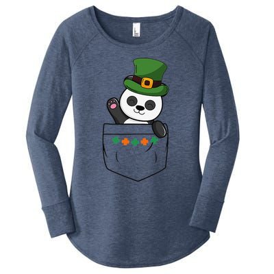 Cute Saint Patrick's Day Panda With Green Hat In Pocket Women's Perfect Tri Tunic Long Sleeve Shirt