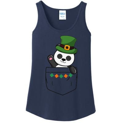 Cute Saint Patrick's Day Panda With Green Hat In Pocket Ladies Essential Tank