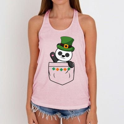 Cute Saint Patrick's Day Panda With Green Hat In Pocket Women's Knotted Racerback Tank