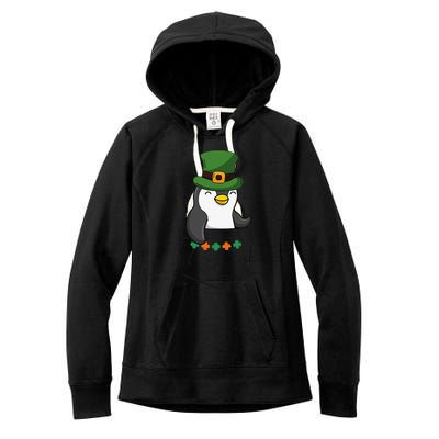 Cute Saint Patrick's Day Penguin With Green Hat In Pocket Women's Fleece Hoodie