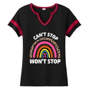 Can't Stop Pi Won't Stop Math Pi Day Teacher Leopard Rainbow Ladies Halftime Notch Neck Tee