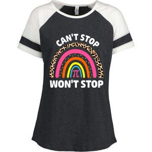 Can't Stop Pi Won't Stop Math Pi Day Teacher Leopard Rainbow Enza Ladies Jersey Colorblock Tee