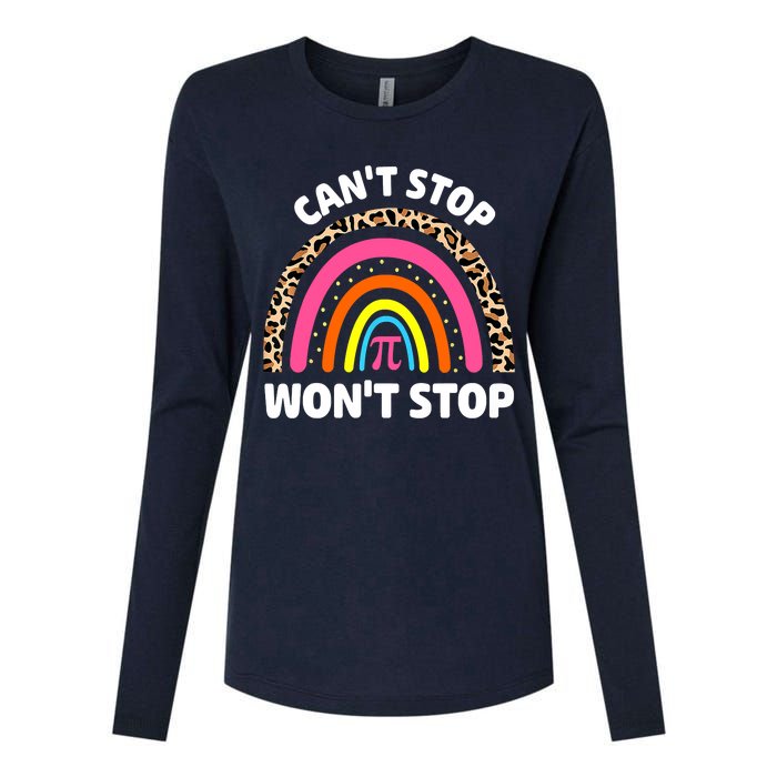 Can't Stop Pi Won't Stop Math Pi Day Teacher Leopard Rainbow Womens Cotton Relaxed Long Sleeve T-Shirt