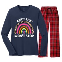 Can't Stop Pi Won't Stop Math Pi Day Teacher Leopard Rainbow Women's Long Sleeve Flannel Pajama Set 