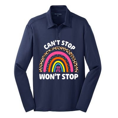 Can't Stop Pi Won't Stop Math Pi Day Teacher Leopard Rainbow Silk Touch Performance Long Sleeve Polo